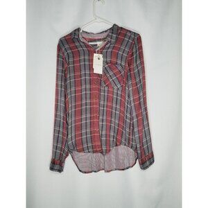 LUCKY BRAND Top Small Pink Blue Plaid 7W44249 Roll Tab Sleeve Shirt‎ slouchy NWT